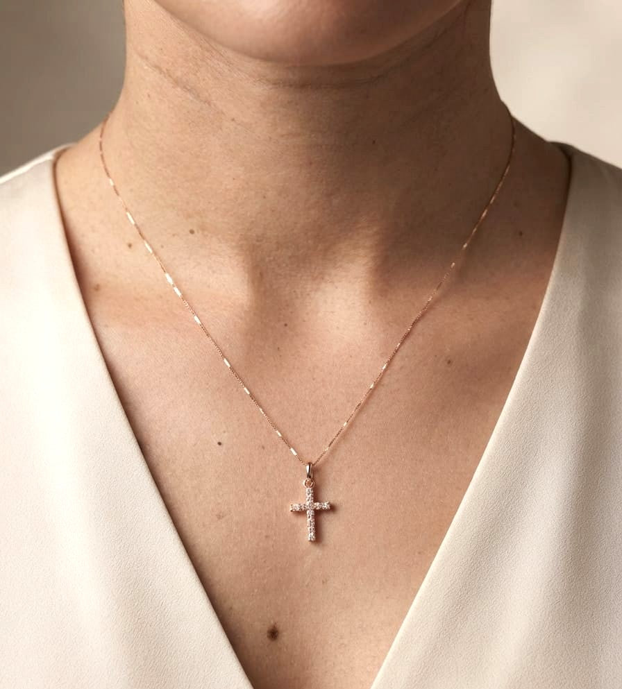 18K rose gold natural diamond cross pendant with round brilliant diamonds, classic Christian cross pendant, chain sold separately.