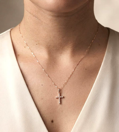 18K rose gold natural diamond cross pendant with round brilliant diamonds, classic Christian cross pendant, chain sold separately.