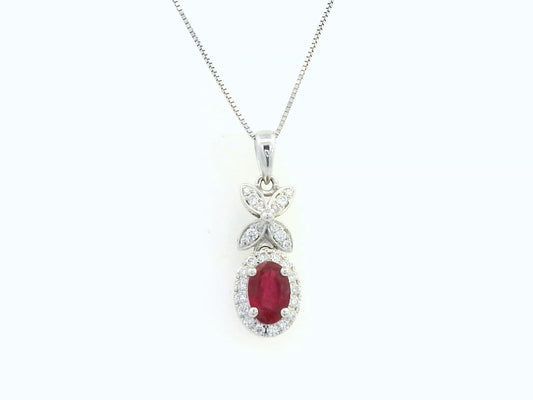18k white gold pendant with 0.63-carat oval ruby, diamond halo, and floral diamond-accented bail