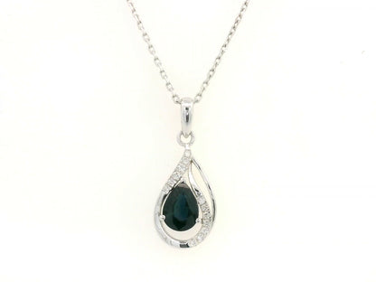 18k white gold pendant with 0.92-carat pear-cut blue sapphire and 0.07-carat diamond accents