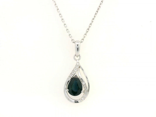 18k white gold pendant with 0.92-carat pear-cut blue sapphire and 0.07-carat diamond accents