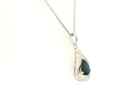 18k white gold pendant with 0.92-carat pear-cut blue sapphire and 0.07-carat diamond accents
