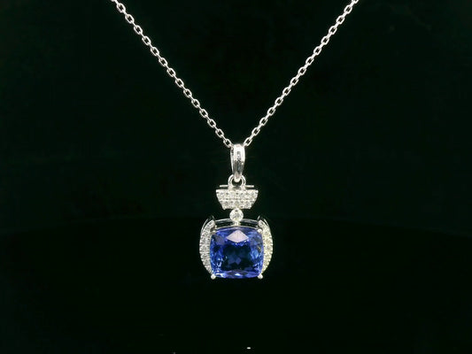 18k White Gold Cushion-Cut Tanzanite & Diamond Halo Pendant