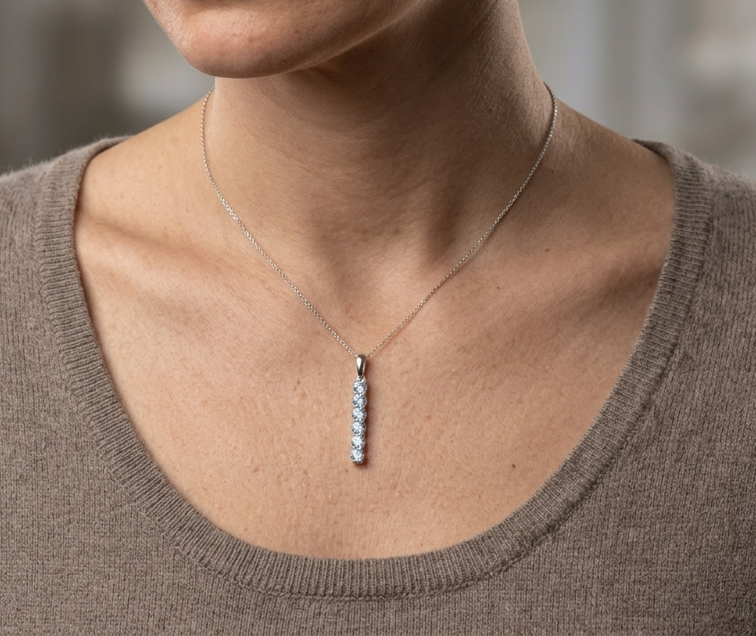 Aquamarine Vertical Bar Pendant Necklace In 18k White Gold