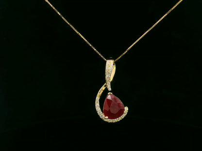 18k Yellow Gold Ruby Pendant Necklace with 2.25ct Pear-Shaped Ruby and 0.21ct Diamond Accents, Elegant Fine Jewelry