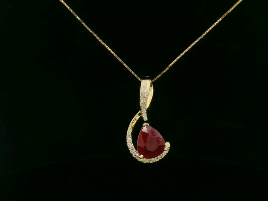 18k Yellow Gold Ruby Pendant Necklace with 2.25ct Pear-Shaped Ruby and 0.21ct Diamond Accents, Elegant Fine Jewelry