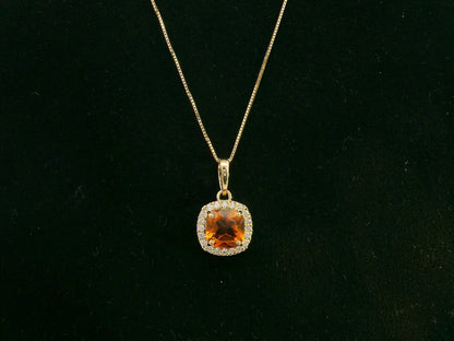 Citrine and Diamond Halo Pendant Necklace in 18K Yellow Gold, 0.90 Carat Cushion-Cut Citrine with 0.11 Carat Diamond Halo