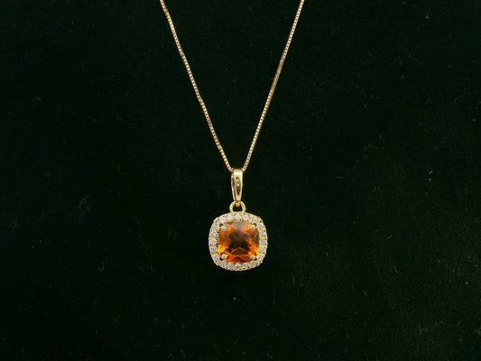 Citrine and Diamond Halo Pendant Necklace in 18K Yellow Gold, 0.90 Carat Cushion-Cut Citrine with 0.11 Carat Diamond Halo