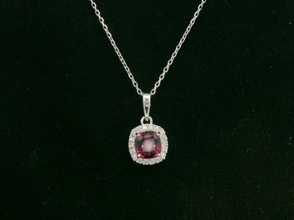 18k white gold pendant with 1.08ct cushion-cut rhodolite & 0.10ct diamond halo – certified authenticity included