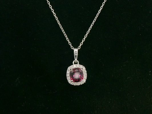 18k white gold pendant with 1.08ct cushion-cut rhodolite & 0.10ct diamond halo – certified authenticity included