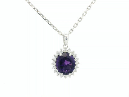 18k white gold pendant with 1.08ct oval amethyst & 0.10ct diamond halo – certified authenticity included