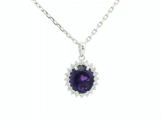 18k white gold pendant with 1.08ct oval amethyst & 0.10ct diamond halo – certified authenticity included
