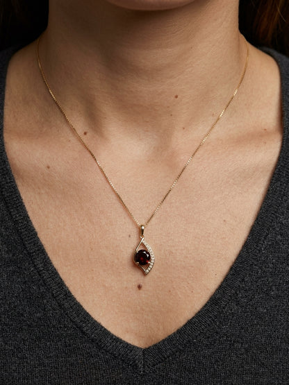 Garnet and Diamond Pendant in 18K Yellow Gold – Round Garnet Open Teardrop Design