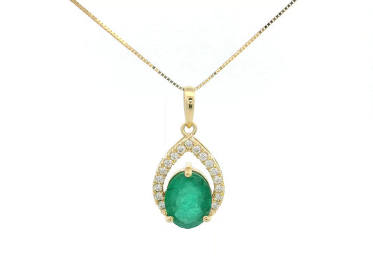 18k yellow gold teardrop pendant with 1.67ct oval emerald & 0.16ct diamond halo – certified authenticity included