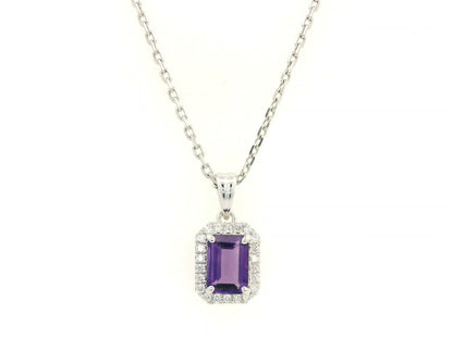 18k white gold pendant with 0.82ct emerald-cut amethyst & 0.13ct diamond halo – certified authenticity included