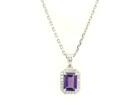 18k white gold pendant with 0.82ct emerald-cut amethyst & 0.13ct diamond halo – certified authenticity included