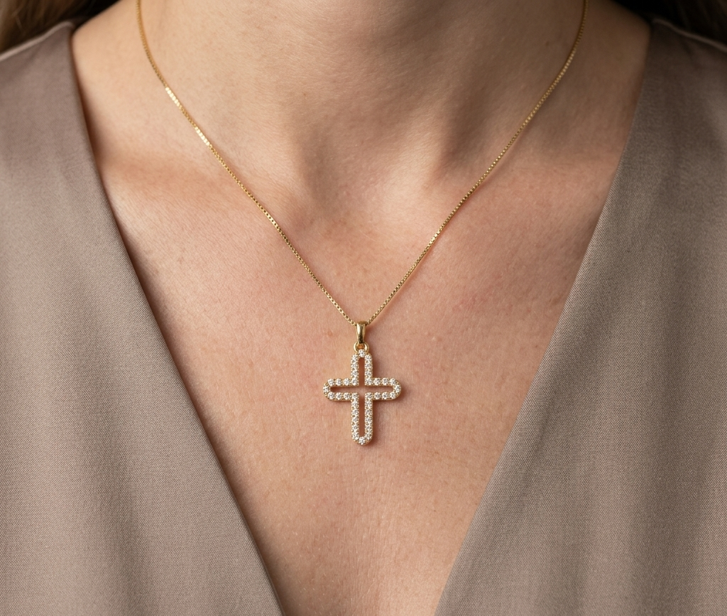 Diamond Cross Pendant in 18K Yellow Gold | Natural Diamond Religious Necklace Pendant