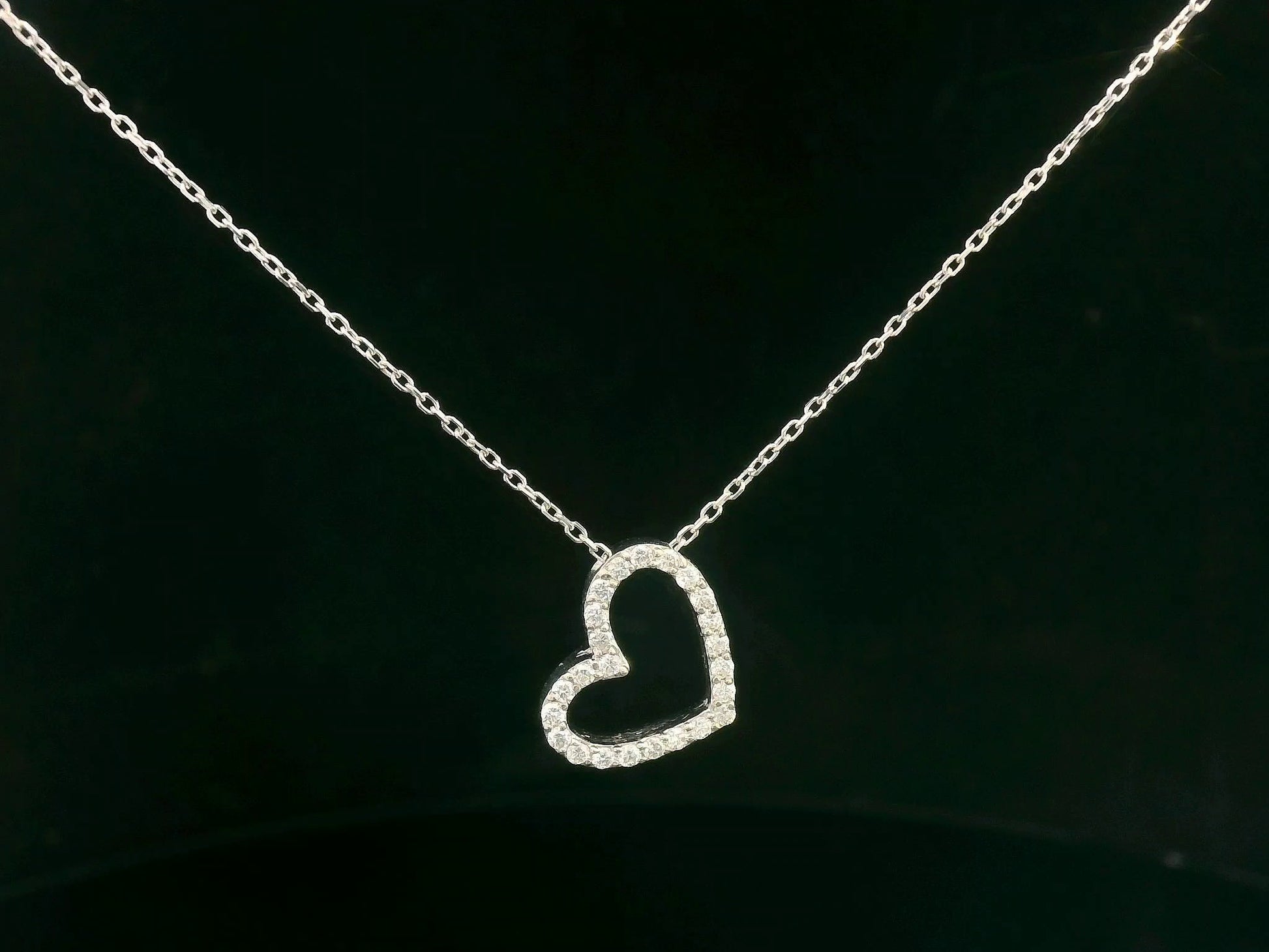 18K white gold diamond open heart necklace, pavé-set pendant, dainty fine jewelry by Emirates Diamonds.