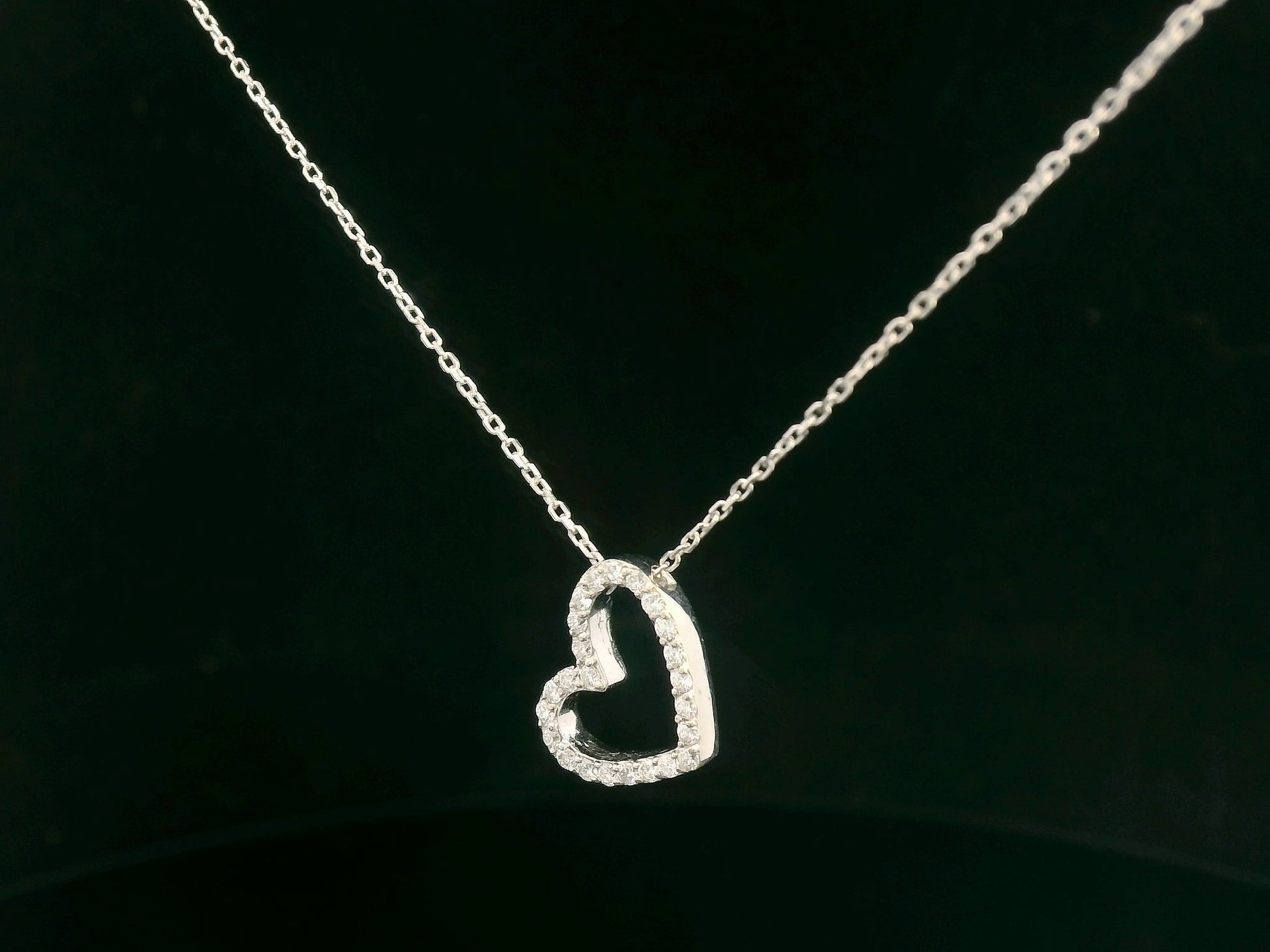 18K white gold diamond open heart necklace, pavé-set pendant, dainty fine jewelry by Emirates Diamonds.