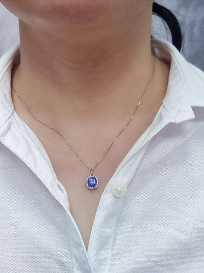 18K white gold Tanzanite and diamond halo pendant with cushion-cut 2.02 carat center stone