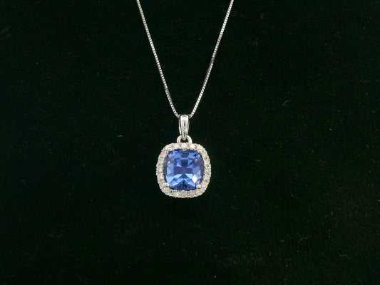 18K white gold Tanzanite and diamond halo pendant with cushion-cut 2.02 carat center stone