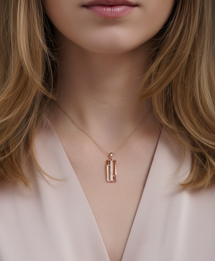 18K rose gold diamond bar pendant necklace, modern open geometric design, 0.17ct diamonds – Emirates Diamonds