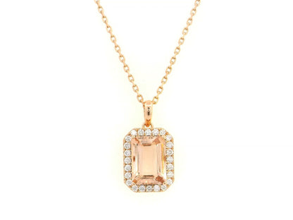 18K rose gold emerald-cut morganite and diamond halo pendant necklace – Emirates Diamonds