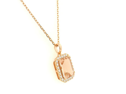 18K rose gold emerald-cut morganite and diamond halo pendant necklace – Emirates Diamonds