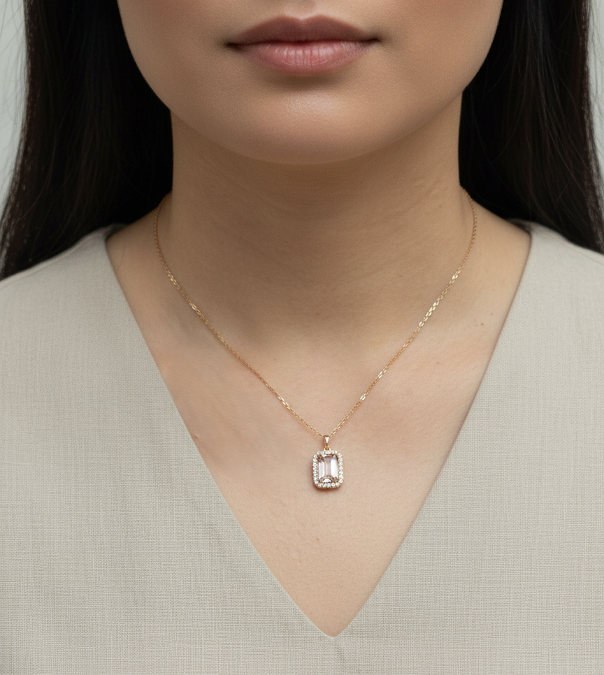 18K rose gold emerald-cut morganite and diamond halo pendant necklace – Emirates Diamonds