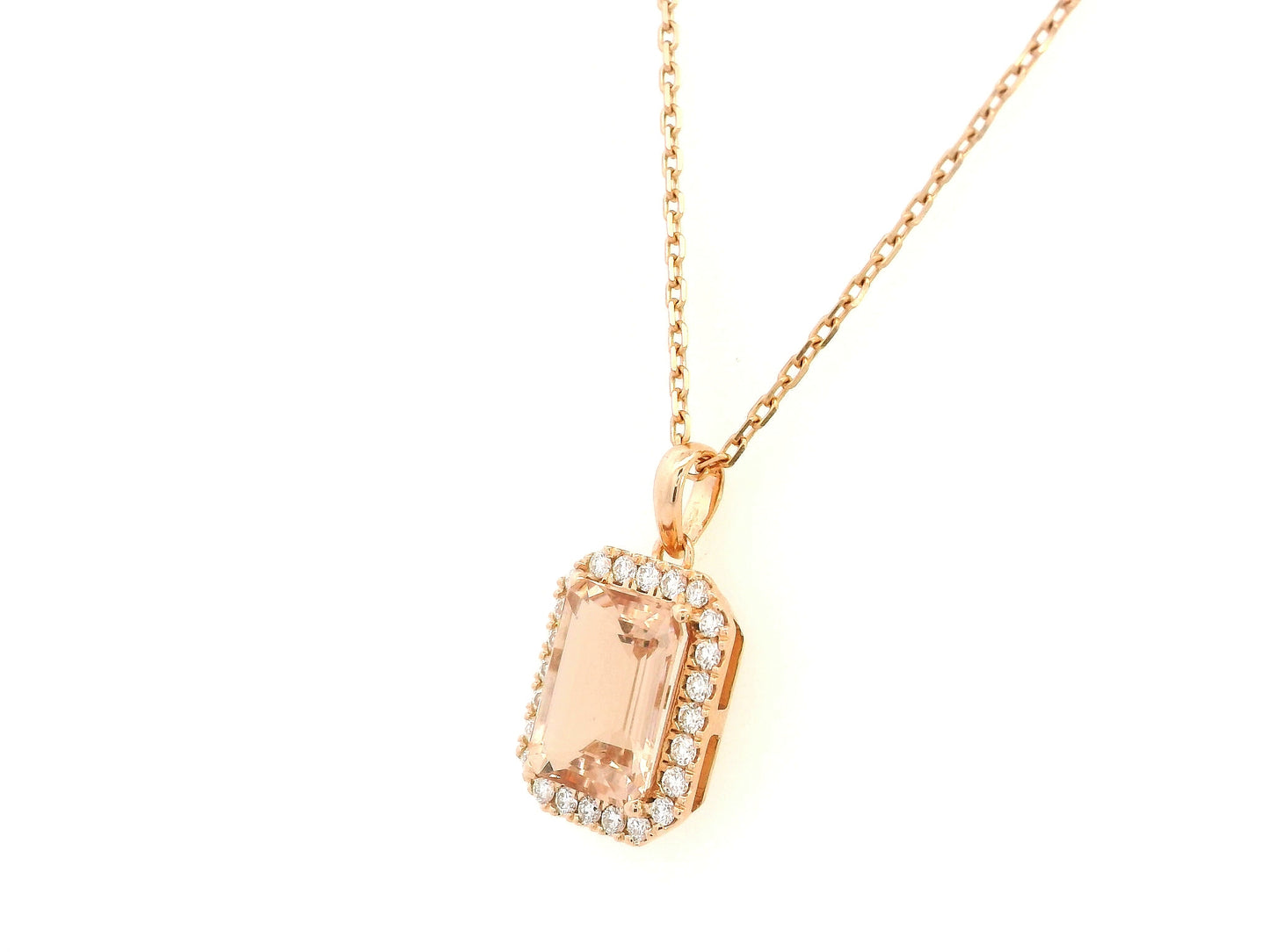 18K rose gold emerald-cut morganite and diamond halo pendant necklace – Emirates Diamonds