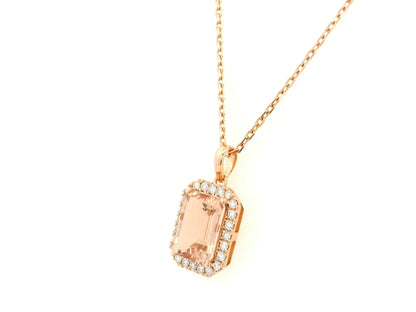 18K rose gold emerald-cut morganite and diamond halo pendant necklace – Emirates Diamonds