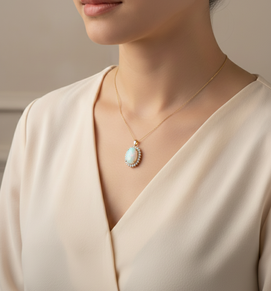 18K yellow gold opal pendant with 8.21ct oval opal and 0.83ct diamond halo – Emirates Diamonds