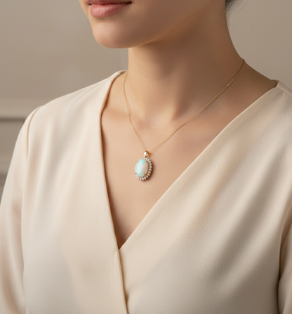 18K yellow gold opal pendant with 8.21ct oval opal and 0.83ct diamond halo – Emirates Diamonds