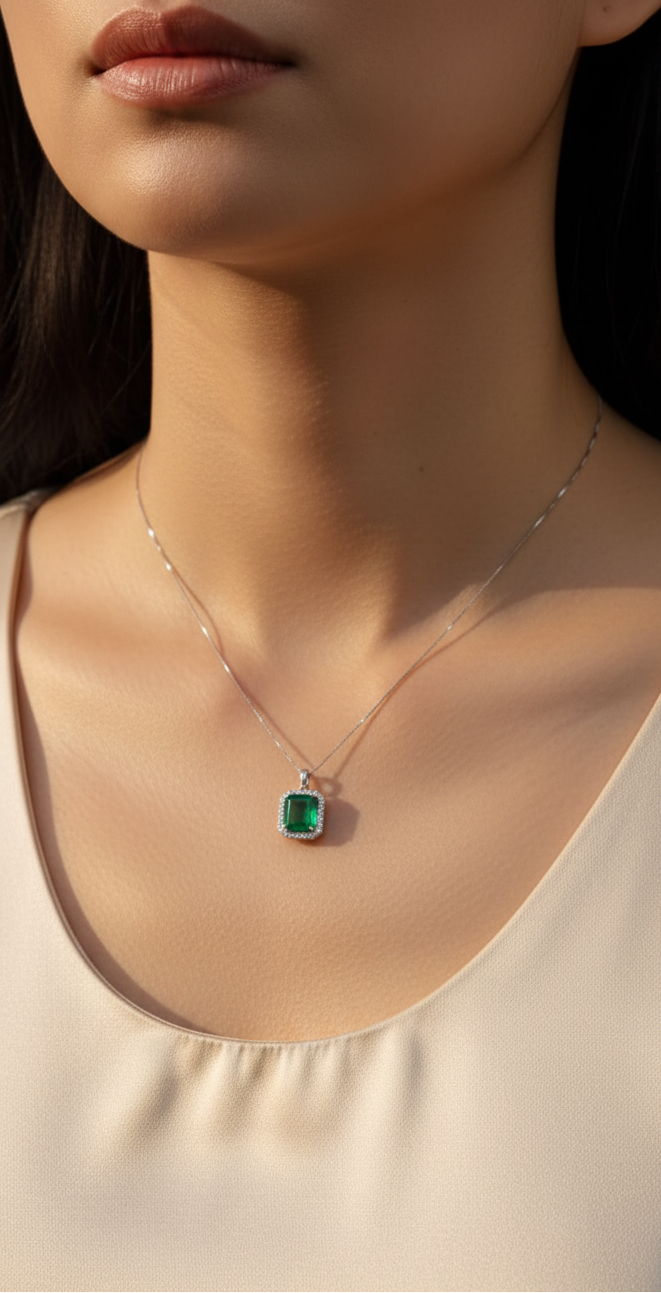 Emerald-cut emerald and diamond halo pendant in 18K white gold – Emirates Diamonds