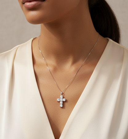 18K white gold diamond cross pendant featuring round-cut natural diamonds totaling 2.20 carats by Emirates Diamonds