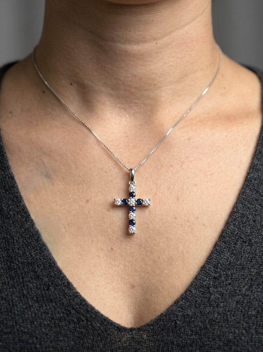 Blue Sapphire and Diamond Cross Pendant in 18K White Gold