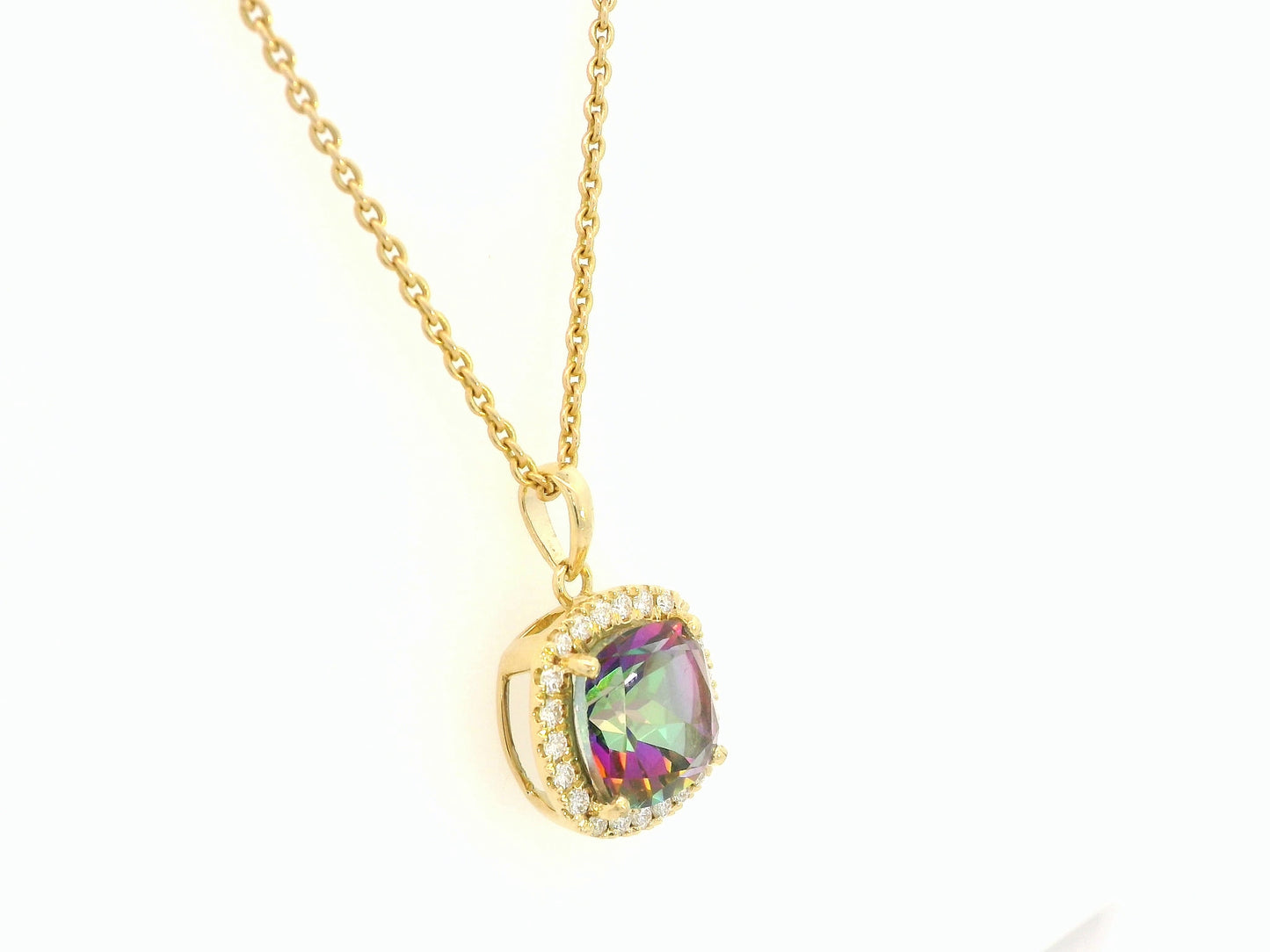 18K yellow gold mystic quartz and diamond halo pendant by Emirates Diamonds