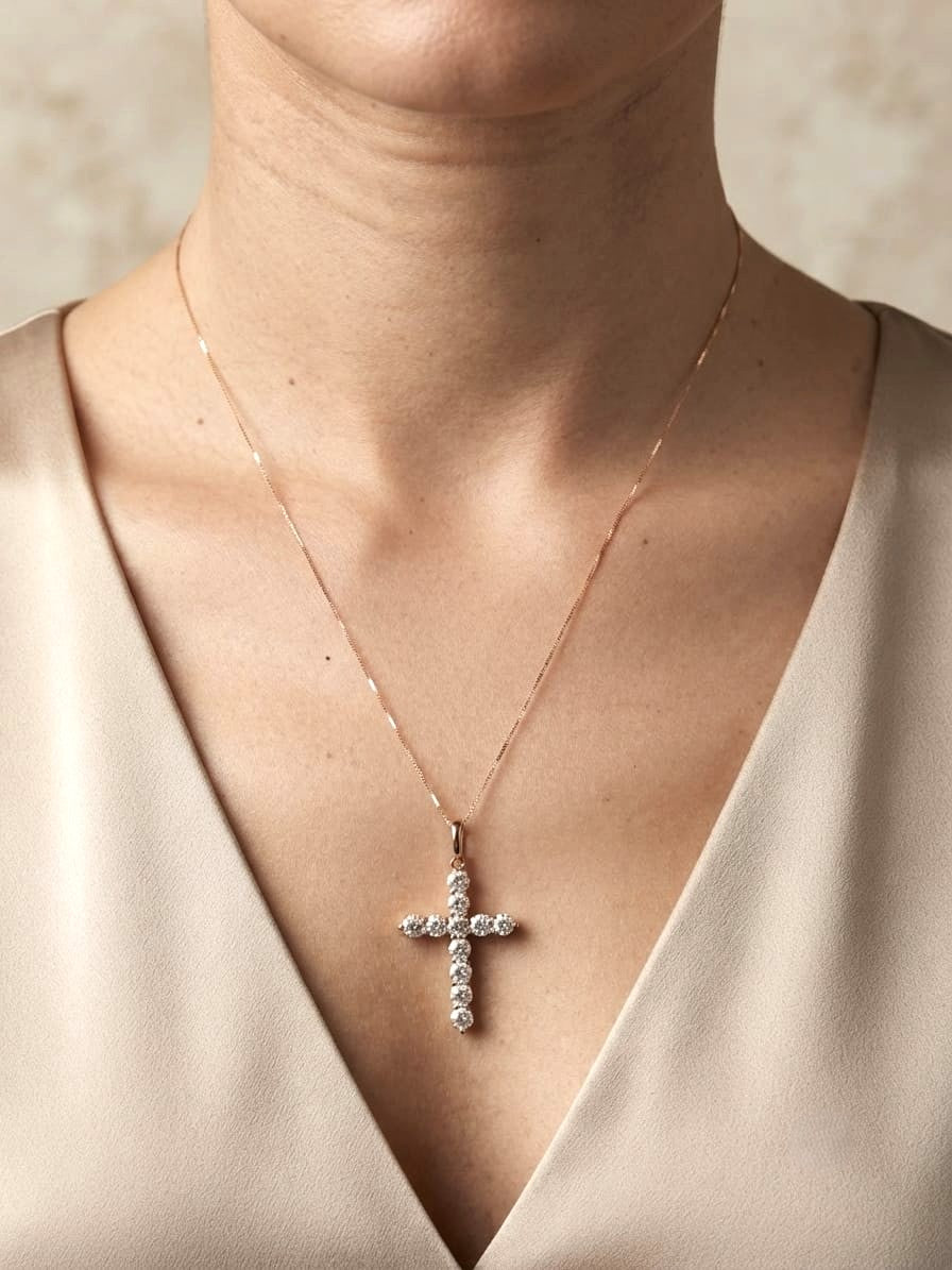 18K rose gold natural diamond cross pendant with round brilliant diamonds, Christian religious pendant.
