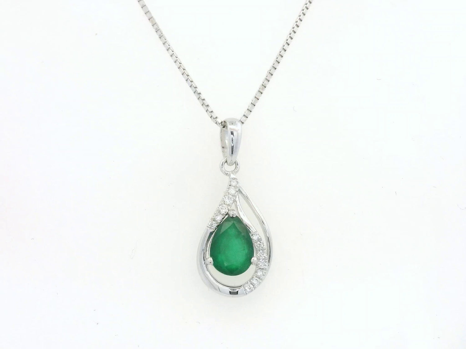 18K white gold emerald teardrop pendant with diamond accents, Emirates Diamonds