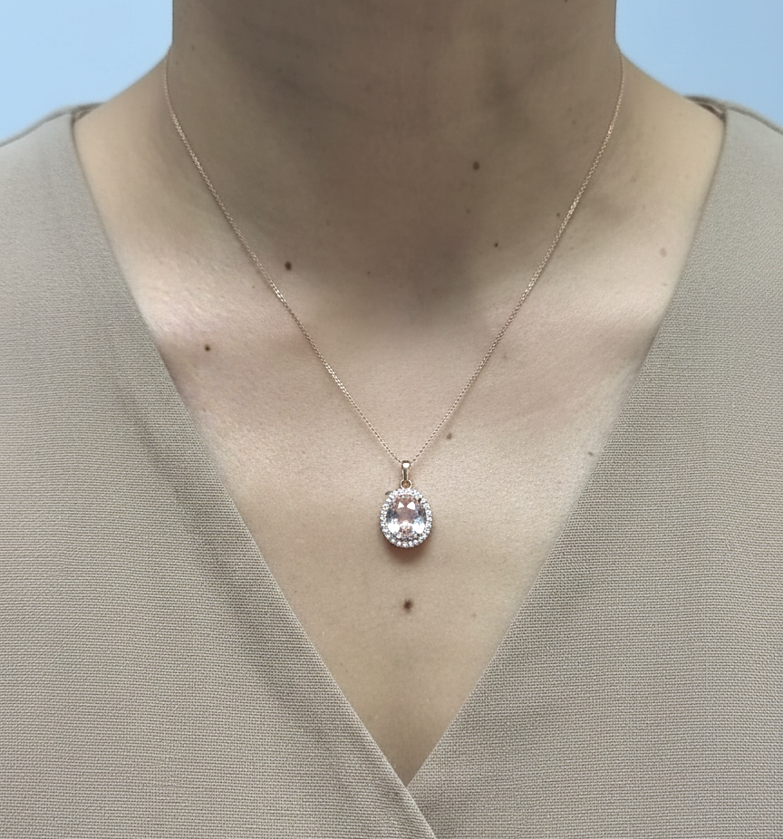 18K rose gold oval morganite diamond halo pendant with blush pink center stone – Emirates Diamonds