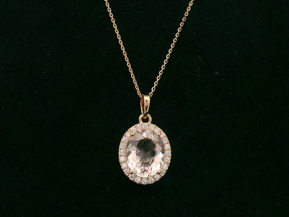 18K rose gold oval morganite diamond halo pendant with blush pink center stone – Emirates Diamonds