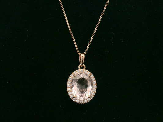 18K rose gold oval morganite diamond halo pendant with blush pink center stone – Emirates Diamonds