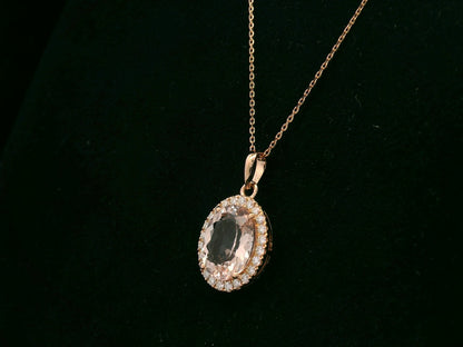 18K rose gold oval morganite diamond halo pendant with blush pink center stone – Emirates Diamonds