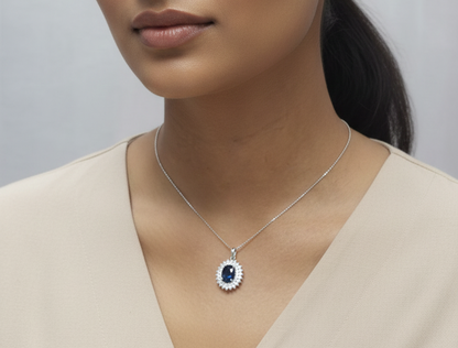 18K white gold sapphire and diamond halo pendant with oval sapphire – Emirates Diamonds