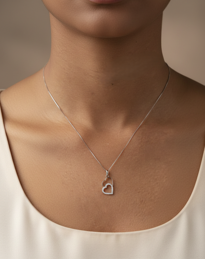 18K white gold double heart diamond pendant necklace with pavé diamonds – fine jewelry by Emirates Diamonds