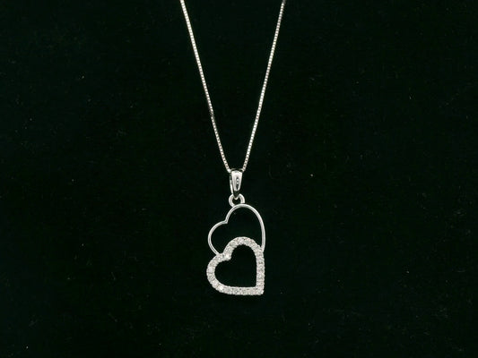 18K white gold double heart diamond pendant necklace with pavé diamonds – fine jewelry by Emirates Diamonds