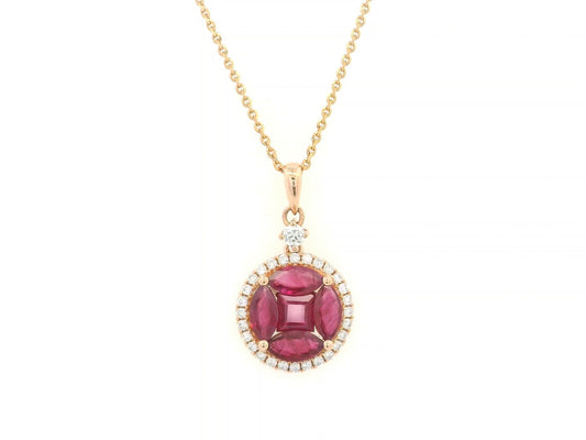 18K yellow gold ruby and diamond halo pendant with clustered rubies, Emirates Diamonds