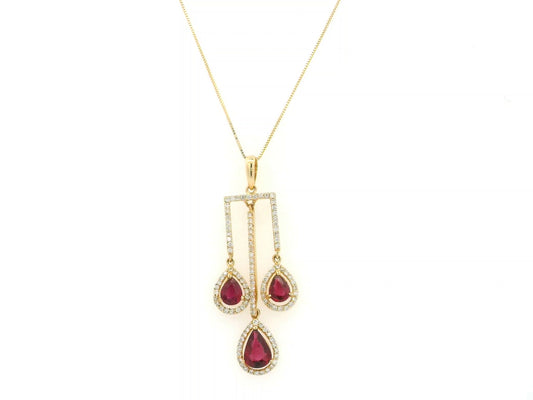 18K yellow gold ruby drop pendant with pear-cut rubies and diamond halo detailing by Emirates Diamonds