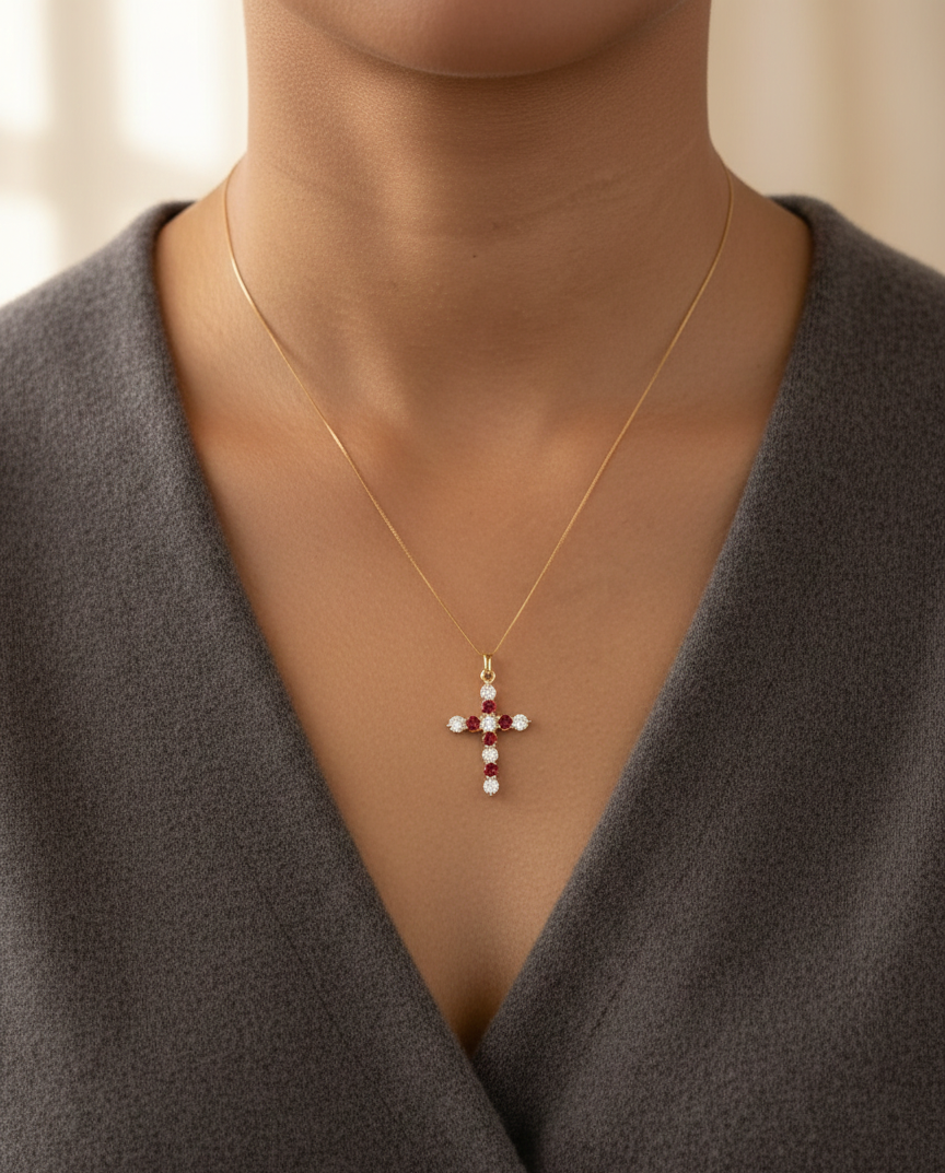18K yellow gold cross pendant with round orange sapphires and diamonds by Emirates Diamonds