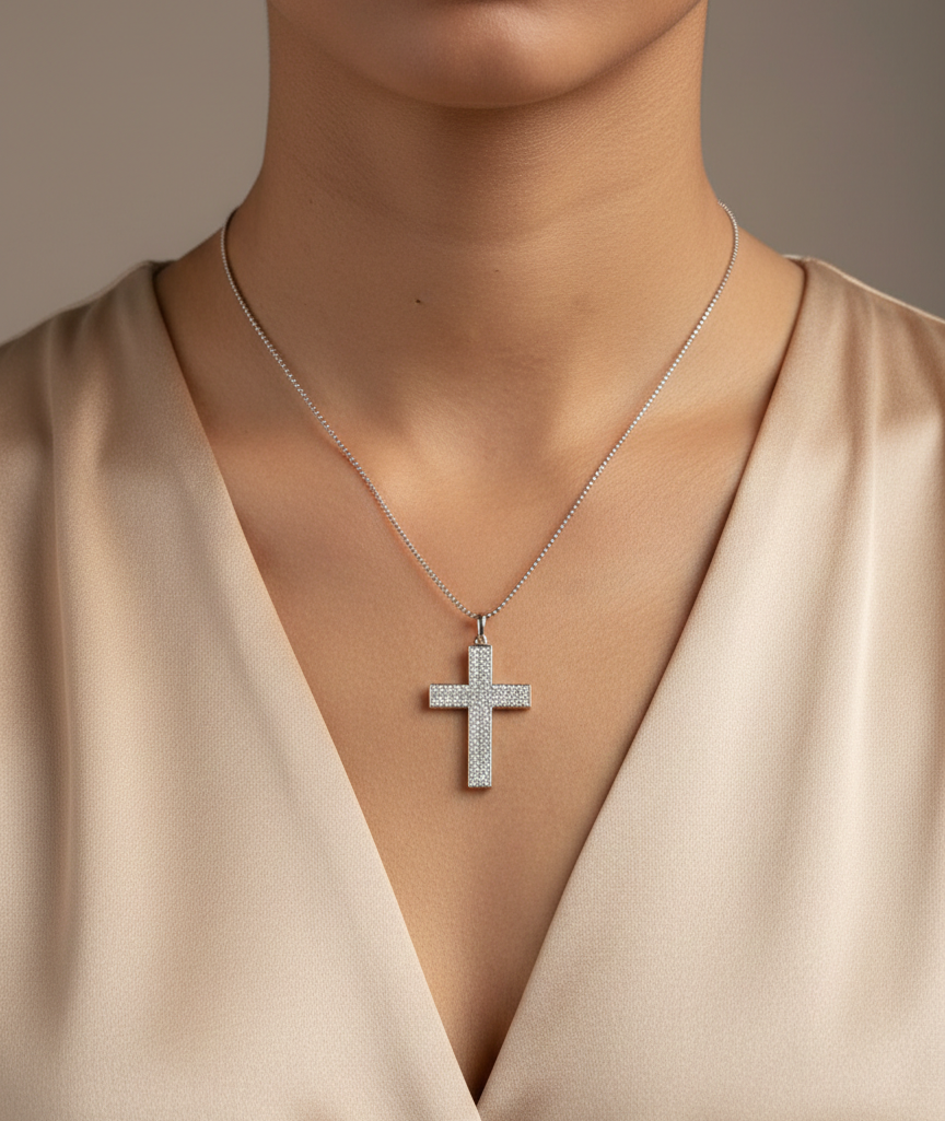 0.80 carat diamond cross pendant in 18K white gold pavé set by Emirates Diamonds